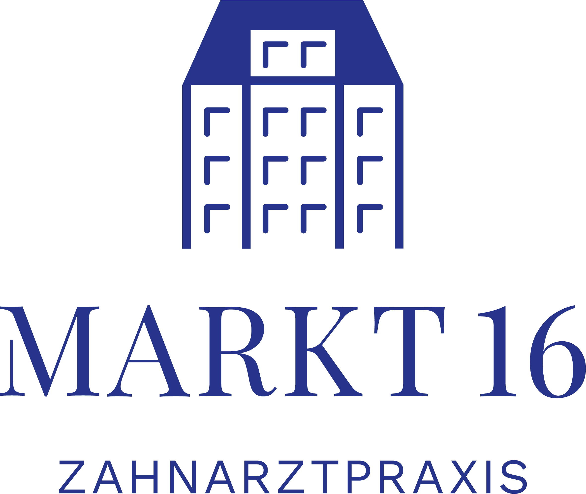 Logo der Zahnarztpraxis Markt 16 Leipzig mit blauem Gebäude-Icon und Schriftzug Markt 16 Zahnarztpraxis.